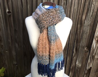 Blue & Tan Waffle Knit Scarf - KNITTING SALE - SC3