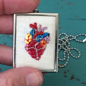 Valentine Gift Anatomical Heart Necklace Embroidered Anatomical Heart Mini Embroidery Embroidered Jewelry image 9