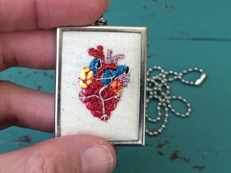 Valentine Gift Anatomical Heart Necklace Embroidered Anatomical Heart Mini Embroidery Embroidered Jewelry image 9