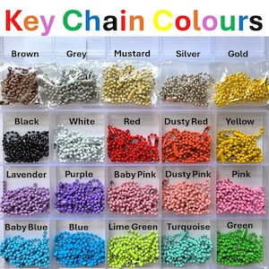 May include: A clear plastic organizer box containing twenty-five individual compartments, each filled with a different colored metal ball chain. The text "Key Chain Colours" appears at the top, followed by labels for each color including brown, grey, mustard, silver, gold, black, white, red, dusty red, yellow, lavender, purple, baby pink, dusty pink, pink, baby blue, blue, lime green, turquoise, and green.