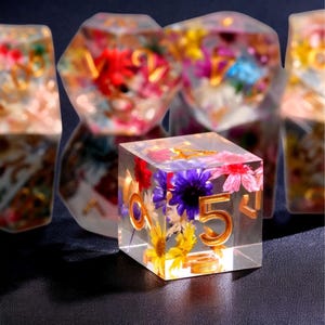Dnd Floral Resin Dice Set, Polyhedral Dragons and Dungeons, RPG Dice for Tabletop Games, Gift for Gamers