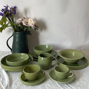 Green Ceramic Tableware Set – &quot;Verdant&quot; Handmade Pottery Collection | Plates, Bowls, Plate with Rim, Pasta & Soup Dishes, Tea Cup Set
