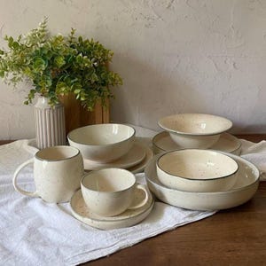Grey Fog Ceramic Dinnerware Set – Handmade White Pottery with Gray Speckles | Plates, Bowls, Plate with Rim, Pasta & Soup Dishes, Tea Set