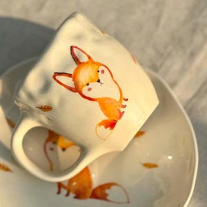 Modern Ceramic Set with Fox Pattern - Handmade Home Decor Gift, Coffee and Tea Set, Pottery Mug