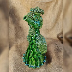 Rooster Bottle Green, Handmade Decor, Vintage Ceramic, Art Ceramic Statue