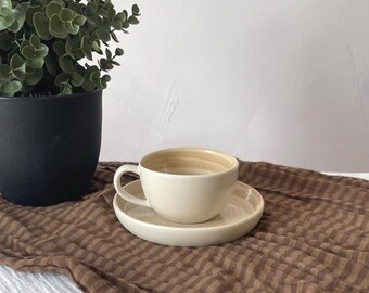 Cup With Plate White With Beige, Handmade Ceramic Cup, Unique Tea Cup, Unique Coffee Cup