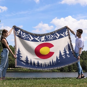 Colorado Woven Blanket: Cozy Mountain Throw with Snowy Peaks and Trees, Home Decor, Tapestry, Wall Art