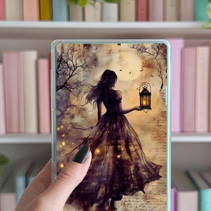 May include: A clear phone case featuring a fantasy illustration of a woman in a flowing gown holding a lantern. The artwork depicts a moonlit scene with trees and birds, in shades of brown, purple, and gold.