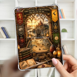 May include: A rectangular tablet case featuring a Game of Thrones illustration with the text "WHEN YOU PLAY THE GAME OF THRONES, YOU WIN OR YOU DIE." The design includes house banners, a map of Westeros, a crown, a sword, and stacked books.