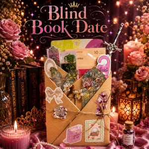 May include: A brown paper envelope labeled Blind Book Date containing stationery items, including a butterfly sticker, a stained glass style bookmark, a sword-shaped pen, and a wax seal. The envelope is decorated with various stickers.