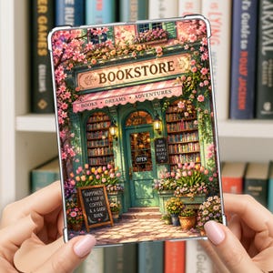 Puede incluir: Una funda rectangular para tableta con una ilustración detallada de una librería con flores rosas, un toldo a rayas y estanterías llenas de libros. El texto incluye BOOKSTORE, BOOKS DREAMS ADVENTURES, OPEN, SO MANY BOOKS SO LITTLE TIME y HAPPINESS IS A CUP OF COFFEE & A GOOD BOOK.