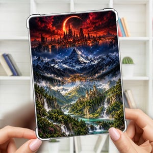 May include: A rectangular tablet case featuring a fantasy landscape print. The design displays a dark city under a red crescent moon, snow-capped mountains, a starry sky, a castle, waterfalls, and a river. The text Wildflower&Pages is visible.