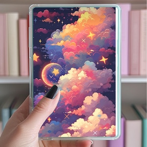 May include: A clear phone case with a colorful illustration of clouds and stars. The clouds are pink, orange, yellow, and blue. The stars are yellow. The background is a dark blue.