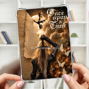 May include: A tablet case featuring a fantasy illustration of a blonde person in armor holding a sword, with a dragon silhouette against a full moon, old parchment paper, and the text Once upon a Time, surrounded by glowing butterflies.