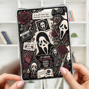 May include: A tablet case featuring a dark collage of horror-themed imagery including ghost masks, red roses, a cassette tape labeled I AM SIX ONE, a heart, a dagger, and text reading I'd choose the monster. Every. Single. Time. and Beautiful Things.