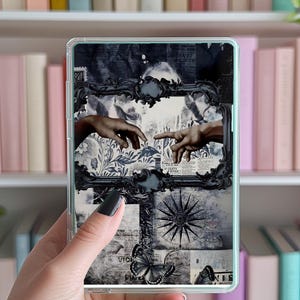 May include: A clear phone case featuring a black and white collage design. The design includes a depiction of hands reaching out, a compass rose, and butterfly illustrations. The case is held in front of a bookshelf.