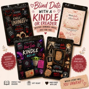 May include: Four black resealable pouches containing books, labeled Blind Date with a Kindle. The pouches feature thematic graphics for romance, sci-fi, and horror genres, with text including Mystery, Romance, Magic, Just for you, and Your nightmare awaits.
