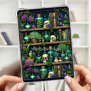 May include: A rectangular tablet case featuring a dark, magical bookshelf illustration with glass apothecary jars, green succulents, purple roses, and human skulls. The design includes the text Wildflower&Pages printed in the center.