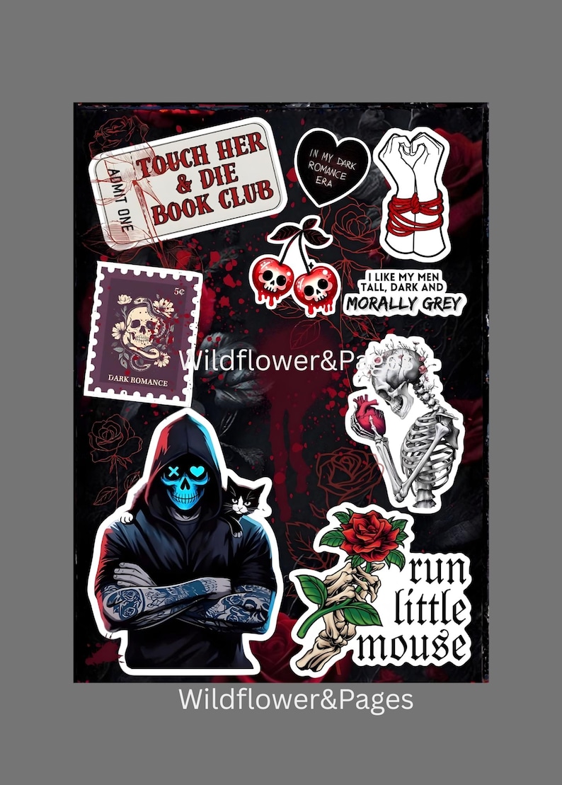 Pode incluir: Uma cole&ccedil;&atilde;o de adesivos com temas sombrios, incluindo um selo de caveira, uma figura encapuzada com um gato, um esqueleto segurando um cora&ccedil;&atilde;o, cerejas com caveiras e o texto Touch Her & Die Book Club, I Like My Men Tall, Dark and Morally Grey e Run Little Mouse.