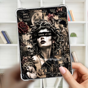 May include: A clear tablet case featuring a dark, collage-style graphic of Medusa with snakes for hair, a black bar over the eyes with the text LOOK AT ME, a skull, a red rose, and text including MONSTRA, MYTH, and REVENGE IS BEAUTIFUL.