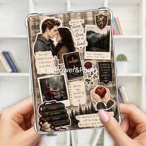 May include: A clear tablet case featuring a collage of Twilight-themed imagery, including a couple, a red truck, a chess piece, a red apple, a forest, and book titles. Text includes 'And so the lion fell in love with the lamb' and 'You're my brand of heroin.'