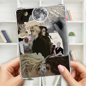 May include: Transparent tablet case with a collage design. The design includes illustrations of couples, a moon, and newspaper clippings. The text "You don't" and "Memories" are visible. The case is held by a person.