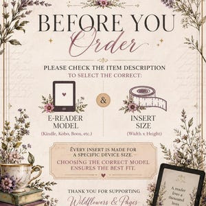 Pode incluir: Um gr&aacute;fico informativo intitulado BEFORE YOU ORDER da Wildflowers & Pages. Instrua os clientes a selecionar o modelo correto de leitor eletr&ocirc;nico e o tamanho da inser&ccedil;&atilde;o. Inclui ilustra&ccedil;&otilde;es de livros, uma x&iacute;cara de ch&aacute; e um leitor.