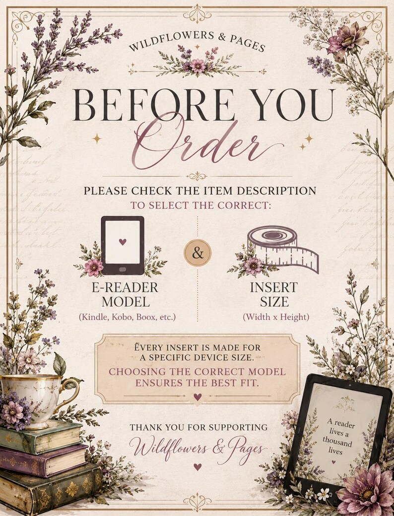 Pode incluir: Um gr&aacute;fico informativo intitulado BEFORE YOU ORDER da Wildflowers & Pages. Instrua os clientes a selecionar o modelo correto de leitor eletr&ocirc;nico e o tamanho da inser&ccedil;&atilde;o. Inclui ilustra&ccedil;&otilde;es de livros, uma x&iacute;cara de ch&aacute; e um leitor.