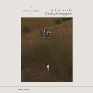 May include: An aerial view of a wedding ceremony on a grassy field. The image features a bride and groom, guests, and the text "A Drone Guide for Wedding Photographers" and "Brooke Stone Photo".