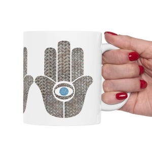 11 oz Hamsa Hamsa Hamsa Żydowski kubek z dłońmi Hamsa, Judaica, Złe oko, Powodzenia, Izraelski kubek, Kubek na szczęście, Żydowska parapetówka, Żydowski