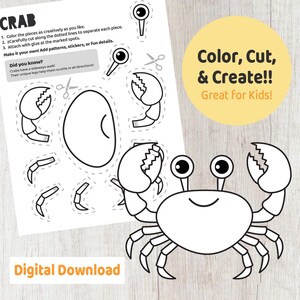 Puede incluir: Una actividad artesanal imprimible en blanco y negro para niños con un cangrejo. La imagen incluye instrucciones para colorear, cortar y crear un cangrejo 3D.