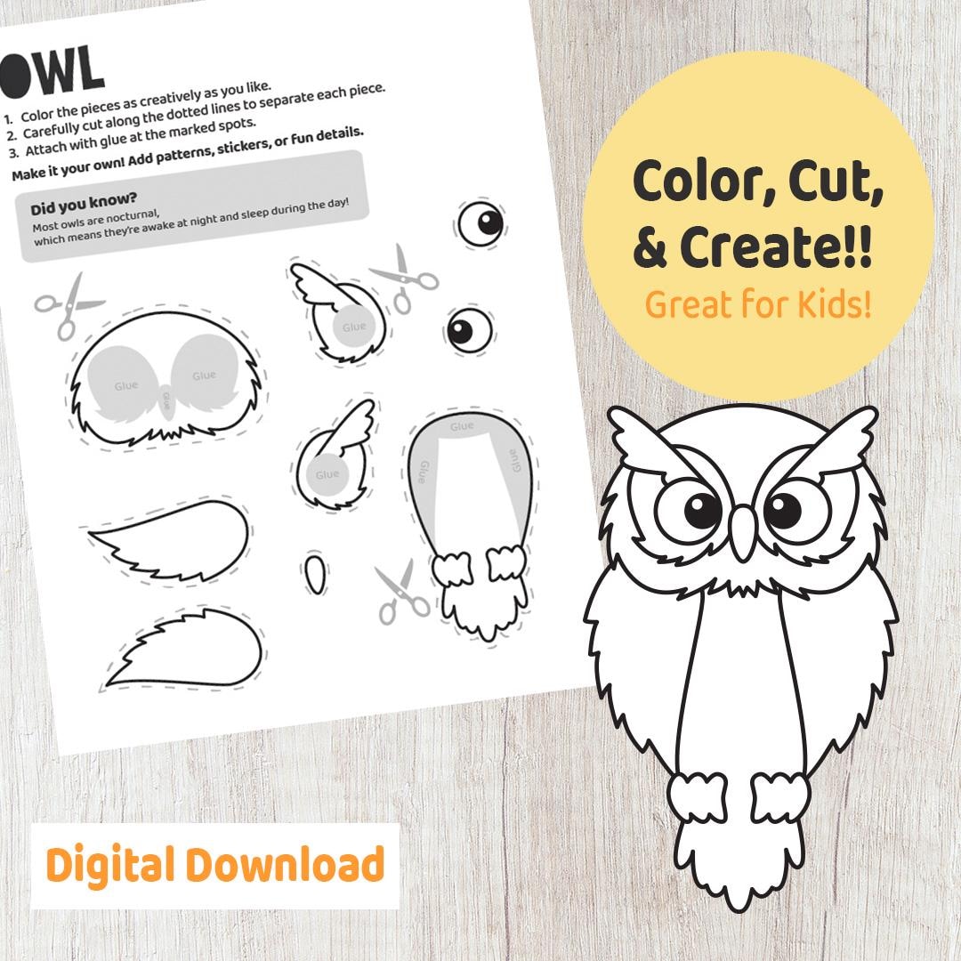 Owl Cut and Glue Craft: Printable Coloring Activity (digital Download ...