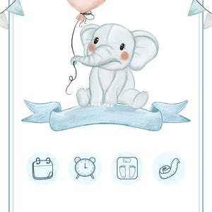 Puede incluir: Una invitación de baby shower azul y blanca con un lindo elefante de dibujos animados sosteniendo un globo en forma de corazón rosa. La invitación incluye iconos para un calendario, un reloj, una báscula y una cinta métrica.