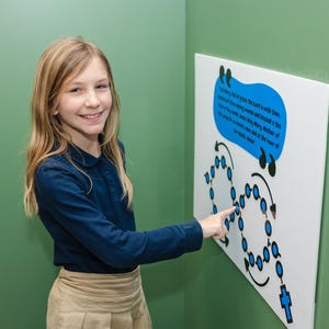 May include: A young person in a navy blue shirt and khaki pants points to a diagram of a rosary on a white board. The board has text in a blue speech bubble and a diagram of a rosary with blue beads and arrows. The background is a green wall.
