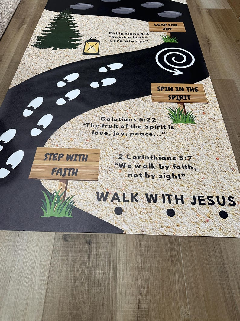 May include: A floor mat with a black road design, featuring white footprints, a tree, and a lantern. The mat includes inspirational quotes and phrases like "Step with Faith" and "Walk with Jesus."