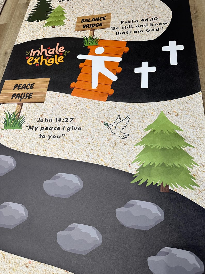 May include: A graphic with a road design featuring text that reads "inhale exhale", "PEACE PAUSE", and Bible verses. The image includes a bridge, crosses, a dove, and trees. The road is lined with gray stones.