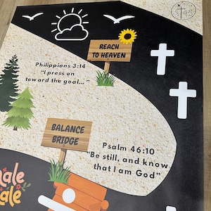 May include: A poster with a black and beige design featuring inspirational quotes and religious imagery. The poster includes text such as "Reach to Heaven" and "Balance Bridge", along with white crosses and a sun illustration.