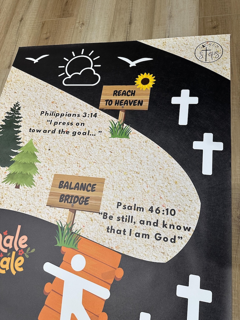 May include: A poster with a black and beige design featuring inspirational quotes and religious imagery. The poster includes text such as "Reach to Heaven" and "Balance Bridge", along with white crosses and a sun illustration.