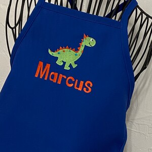 Personalized Embroidered Boy Dinosaur Apron Kids Toddler Apron Baking Birthday Christmas Gift Blue Apron Brontosaurus Design Chef image 3