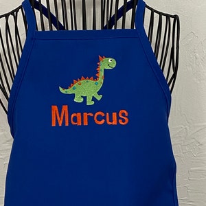 Personalized Embroidered Boy Dinosaur Apron Kids Toddler Apron Baking Birthday Christmas Gift Blue Apron Brontosaurus Design Chef image 2