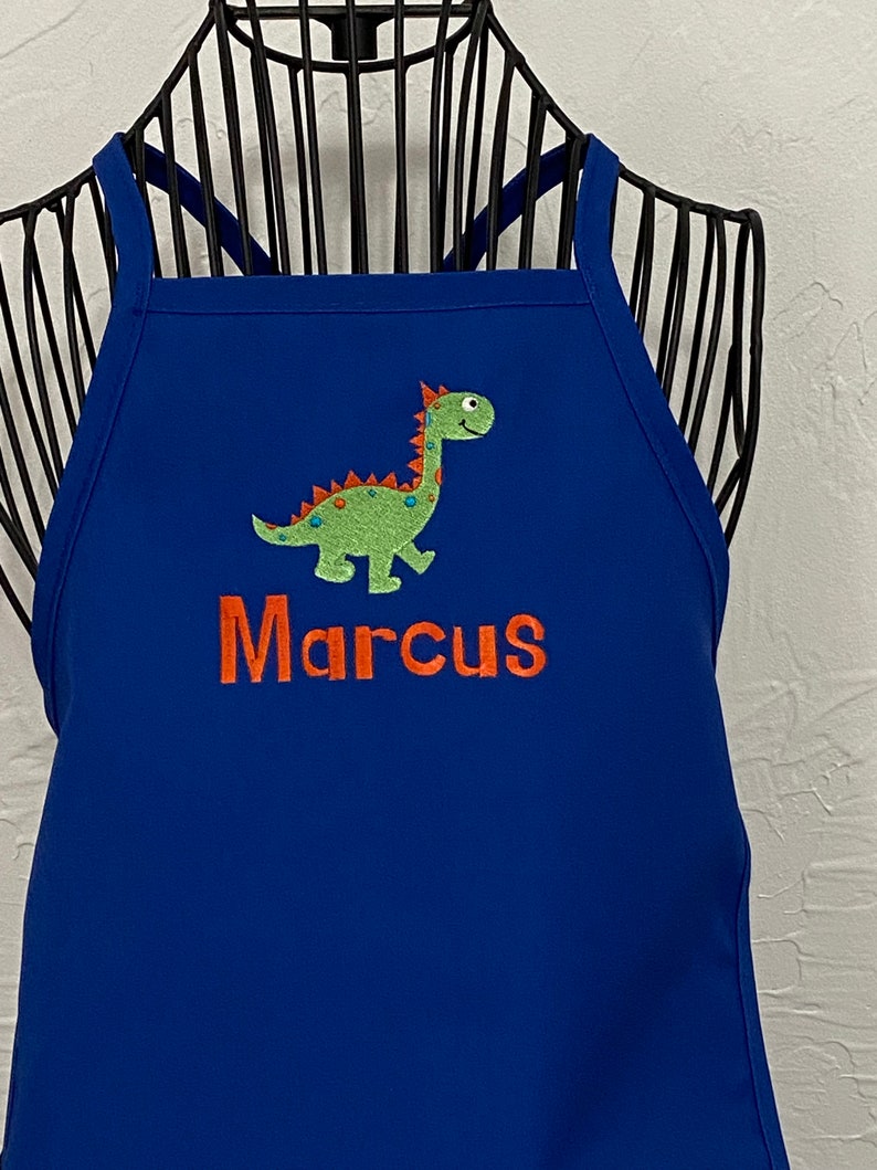 Personalized Embroidered Boy Dinosaur Apron Kids Toddler Apron Baking Birthday Christmas Gift Blue Apron Brontosaurus Design Chef image 2