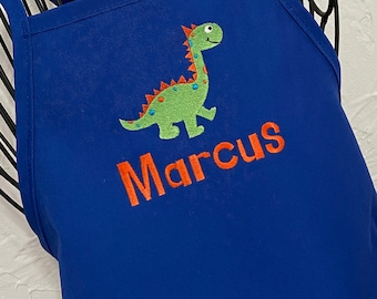 Personalized Embroidered Boy Dinosaur Apron - Kids Toddler Apron - Baking Birthday Christmas Gift - Blue Apron - Brontosaurus Design - Chef