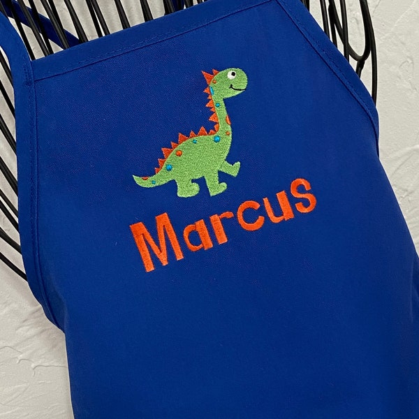 Personalized Embroidered Boy Dinosaur Apron - Kids Toddler Apron - Baking Birthday Christmas Gift - Blue Apron - Brontosaurus Design - Chef