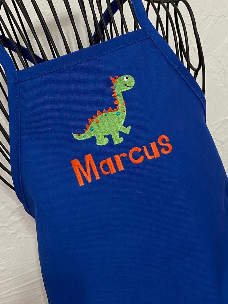 Personalized Embroidered Boy Dinosaur Apron Kids Toddler Apron Baking Birthday Christmas Gift Blue Apron Brontosaurus Design Chef image 1