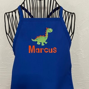 Personalized Embroidered Boy Dinosaur Apron Kids Toddler Apron Baking Birthday Christmas Gift Blue Apron Brontosaurus Design Chef image 7