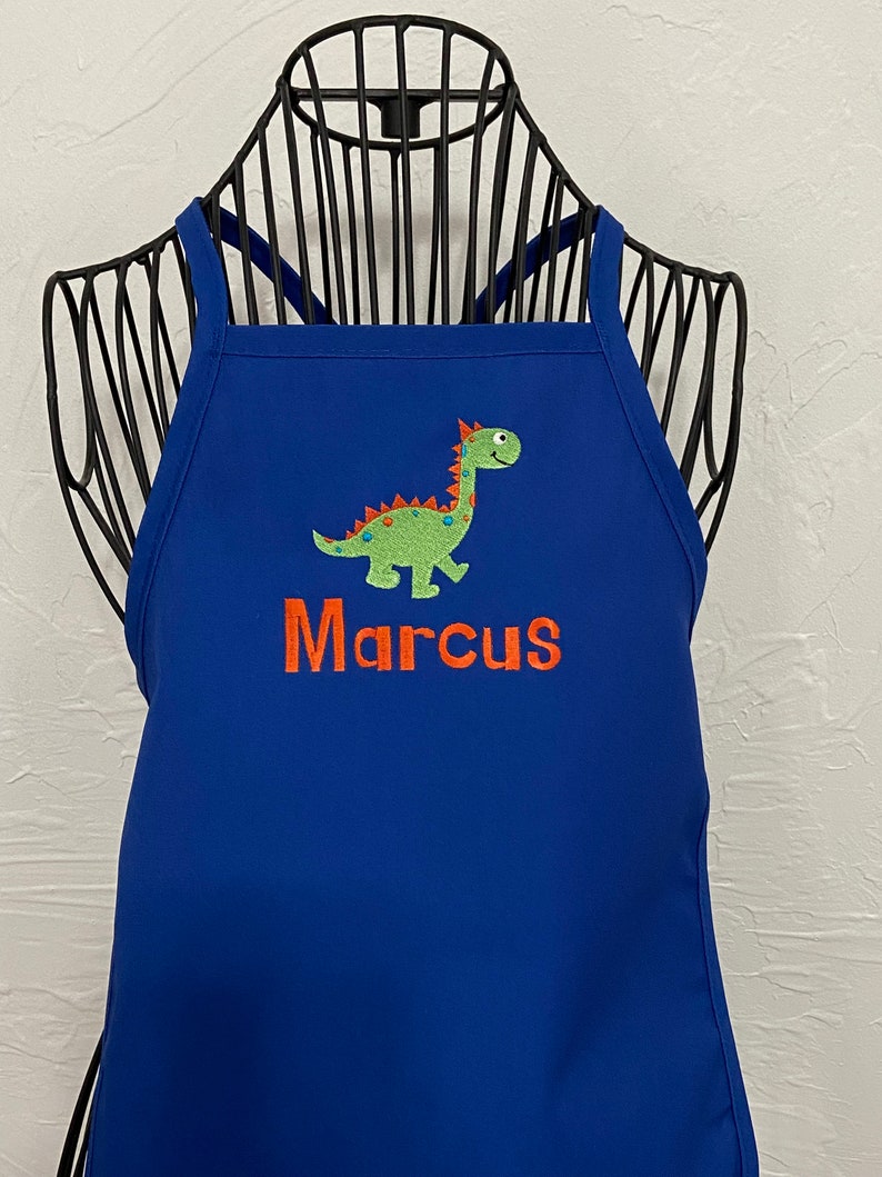 Personalized Embroidered Boy Dinosaur Apron Kids Toddler Apron Baking Birthday Christmas Gift Blue Apron Brontosaurus Design Chef image 7