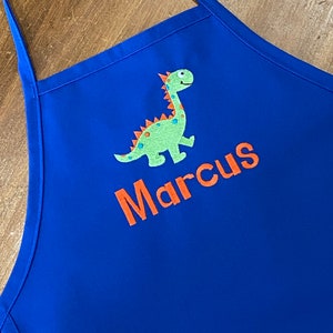 Personalized Embroidered Boy Dinosaur Apron Kids Toddler Apron Baking Birthday Christmas Gift Blue Apron Brontosaurus Design Chef image 4