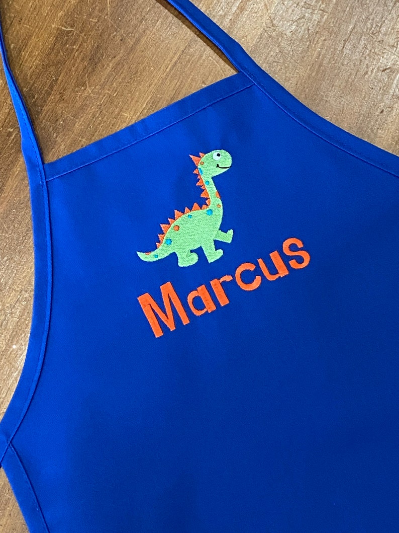 Personalized Embroidered Boy Dinosaur Apron Kids Toddler Apron Baking Birthday Christmas Gift Blue Apron Brontosaurus Design Chef image 4