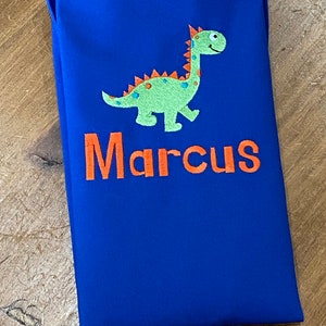 Personalized Embroidered Boy Dinosaur Apron Kids Toddler Apron Baking Birthday Christmas Gift Blue Apron Brontosaurus Design Chef image 5