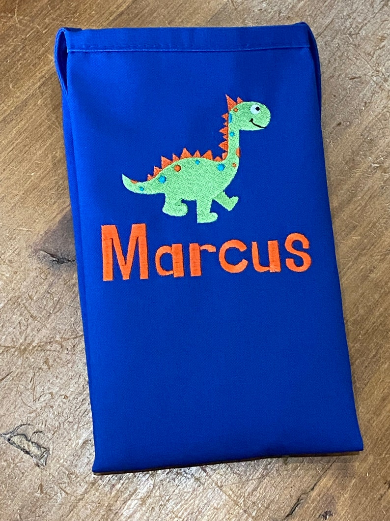 Personalized Embroidered Boy Dinosaur Apron Kids Toddler Apron Baking Birthday Christmas Gift Blue Apron Brontosaurus Design Chef image 5